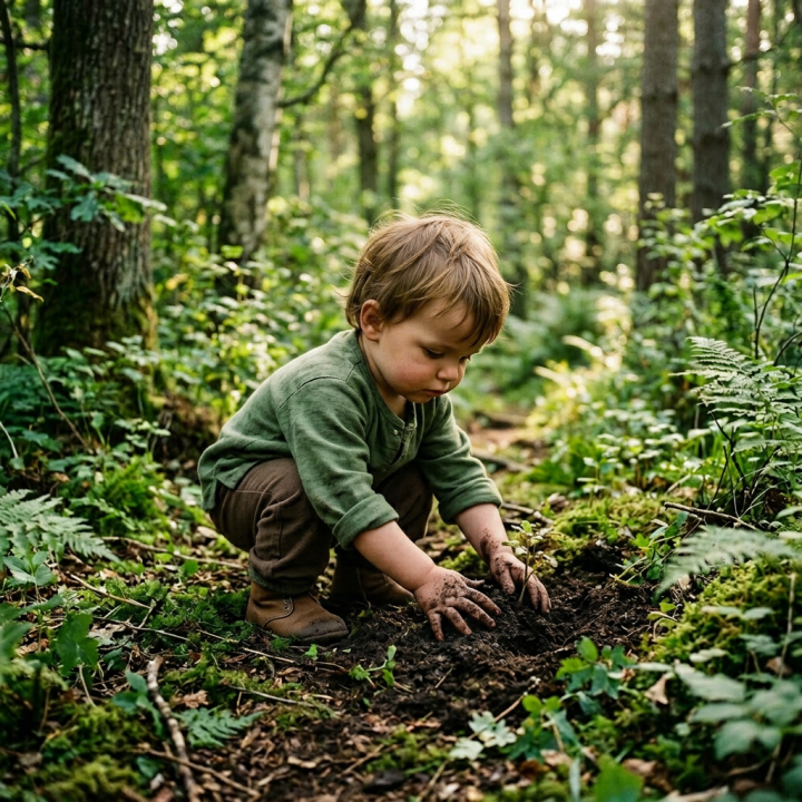 Child planting a young tree seedling in a forest